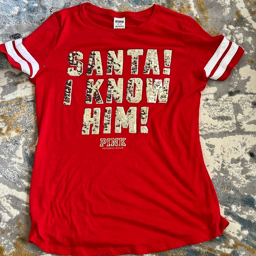 Santa I know him Victoria’s Secret pink t shirt sequin medium nwot